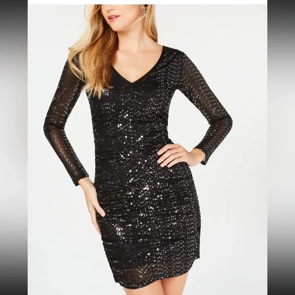 Women’s Formal Dress Size 10, 14 GUESS Black Long Sleeve Sequins Short Body Com - Picture 2 of 7